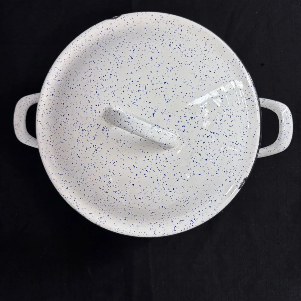 Vintage Blue Speckled White Enamelware Stockpot with Lid 10.5 Inch Dutch Oven